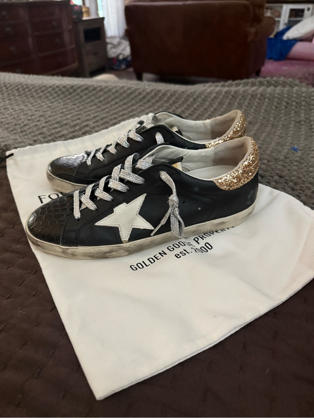 Golden Goose Black Leather Star Sneakers with Gold Glitter Heel